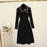 Winter New Knitted Bottoming Dress for Women High-end Temperament Lapel Long Sleeve Button Deco A-line Sweater Long