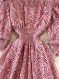 Women Lace Dress Spring Summer Elegant Stand Collar Puff Sleeve High Waist Party Vestidos Female Runway Robe 2023