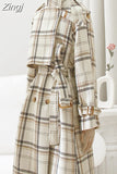 Autumn Winter Long Loose Warm Plaid Wool Blends Trench Coat for Women Raglan Sleeve Belt Double Breasted Woolen