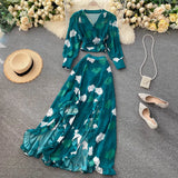 Chiffon Two Piece Set Women Autumn Bohemian Vacation Beach Short Tops And Ruffle Irregular Long Skirt Female Print Suit