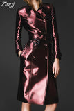 Spring Autumn Long Shiny Reflective Patent Leather Trench Coat for Women Belt Double Breasted Cool European Fashion