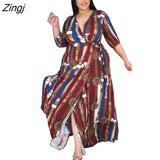 Women's Dress Sexy V-Neck Seven-Sleeve Polyester+ spandex Casual Long Split Dress Printed Party Elegant
