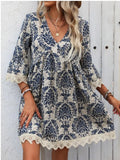 Fashion New WISH / Print V-Neck Lace Seven-Sleeve