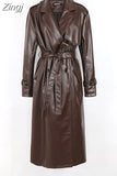 Spring Autumn Long Black Soft Pu Leather Trench Coat for Women Belt Double Breasted Cool Handsome European Fashion