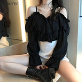 Shoulder Blouses Women Ruffles Sexy Party Design Stylish Ulzzang Solid Feminine Leisure All-match Spring Soft Popular
