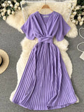 Women Purple/Red/Green Bandage Pleated Midi Dress Female Vintage V-Neck Short Sleeve High Waist A-Line Draped