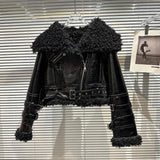 2022 Winter Bright Pu Buckle Belt Lambswool Sailor Turn Down Collar Leather Fur Jacket Women Coat