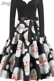 Women Winter Long Sleeve Vintage Christmas Dress Black Red Print V Neck Sexy Xmas Party Dress Robe 3XL Elegant