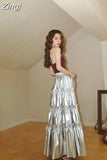 Spring Autumn Fairy Sliver Ruffled Pu Leather Midi Tiered Skirt Women High Waist Long Luxury Designer Clothes