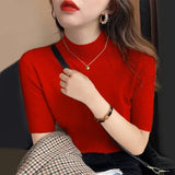 and Summer Half Sleeve Tank Top Knitted Blouse Fashion Women Casual Half-high Collar Clothes Bottoming Tops New