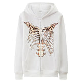 Gothic Streetwear Skeleton Print Oversize Hoddie Women Punk Harajuku Hip Hop Zipper Sweatshirt Female Mall Goth