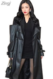 Autumn Long Black Patchwork Pu Leather Trench Coat for Women Double Breasted Loose Stylish Luxury Designer Clothing