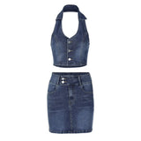 Y2K Aesthetics Button Up Denim 2 Piece Sets 2000s Sexy V-neck Halter Tops and High Waist Jean Skirt Co-ord Suits