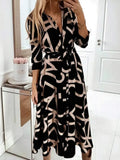 New Women's Dress V-neck Print Spring Long-sleeved Lace-up Dress with Elegant