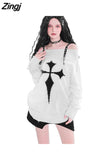 Neck American Retro Thin Sueter Mujer Black Punk Style Cross Pullovers Rivet Off Shoulder Belt Knitted Sweater
