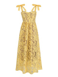 Solid Hook Flower Hollow Lace Women Dress Sleeveless Suspender High Waist A-line Long Dress Fashion Beach Holiday