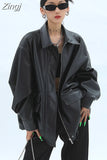Spring Autumn Oversized Casual Waterproof Black Soft Pu Leather Jacket Women with Drop Shoulder Long Sleeve Fashion