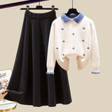 Knitted Two Piece Set Womens Outfits Korean Casual Turn Down Collar Long Sleeve Embroidery Knitted Sweater+skirts