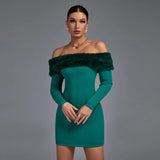 Sleeve Bandage Dress Green Bodycon Dress Evening Party Elegant Sexy Off Shoulder Birthday Club Outfit 2022 Autumn