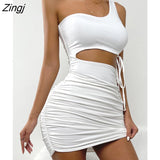 Women Bodycon Sundress Solid Color One Shoulder Sleeveless Hollow Out Drawstring Summer Mini Dress