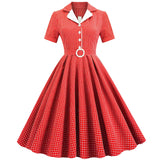 Retro Vintage Swing Casual Summer Dress Button Front Turn Down Collar Plaid Print 1950s Pinup Rockabilly Dresses with