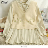 Flower Sweater Dress Two-piece Set Fashion V Neck Singlle-Breasted Knittd Vest Tops+Long Sleeve Shirt Dress Women