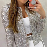 Fashion Black Sequin Jackets Women Long Sleeve Glitter Causal Silver Lady Coats Street Wear Yellow Mujer Outwear