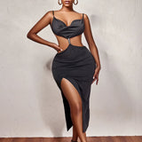 V Neck Spaghetti Strap Long Dress For Women 2022 Summer Sexy Black Backless Sleeveless Elegant Party Ruched
