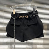 2022 Winter New Arrival Metal Letters Belt Chain Woolen Shorts Women