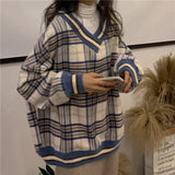 Hoodie Plaid Print Sweatshirt Pullovers V-Neck Long Sleeve Top Women Loose Korean Fashion Clothing Harajuku