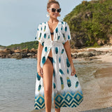 Patchwork Plunging Neck Self Belted High Waist Beach Tunic Dress Summer Beachwear Solid White Front Open Long Dress