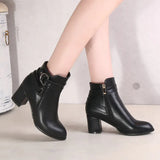 Women Boots Square High Heel Ankle Boots Fashion Pointed Toe Buckle Winter Zipper Boots Female Shoes Black White