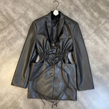 2022 Fall Winter Long Sleeve Turn Down Collar Drawstring Slim Waist Faux Leather Black Pu Jacket Women Coat