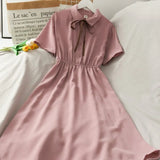 Women Chiffon Bow Solid High Waist Turn-down Collar Preppy Style Kawaii Ulzzang Popular Temperament Girls Summer