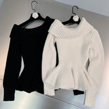 2022 Autumn Winter Long Sleeve Slash Neck Slim Waist Ruffles Knitted Pullovers Women Sweater