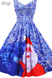 Winter Christmas Women Sexy Spaghetti Strap Swing Party Dress Vintage Robe Santa Snowflake Print