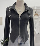 Shooting Irregular Zipper Collar Short Small Coat With Long Sleeves And Bottom Shirt