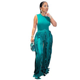 Vest Drawstring Fringed Knitted Top Casual Loose Wide-leg Pants Two-piece Suit Summer Green Tracksuit