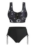 Women Swimwear High Waist Bikinis Set Briefs Cinched Bottoms Gothic Celestial Sun Moon Print Padded