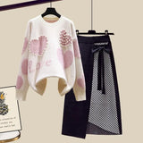Lazy Sweater Two Piece set Women Sweet Heart-shaped beaded Pullover Jumper Top + Irregular Striped Skirt Knit 2PCS