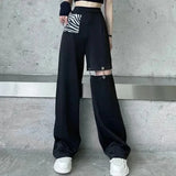 Harajuku Hollow Out Wide Leg Pants Women High Waist Elastic Streetwear Straight Trousers Summer Hip Hop BF Goth