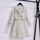 Winter French Vintage Fragrance Tweed Two Piece Set Women Outfit Office Ladies Elegant Coats+sleeveless Dresses Sets