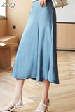 Silk Satin Midi Skirt for Women 2023 New Elegant High Waist A Line Solid Office Balck Long Skirt Women