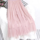Pearl Pleated Tulle Skirt For Women Autumm Korean Irregular Beaded Wave Cut Elastic High Waist Mesh Pleated