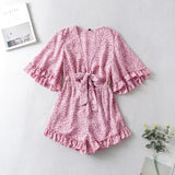 Queens Women Boho Bodysuits Pink Floral Print Half Flare Sleeve Ruffles Loose V-neck Rompers Bohemian Linen Belt