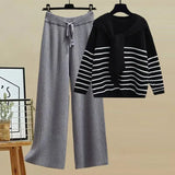 Winter Knitwear Two Piece Sets For Women Outfits Korean Casual Striped Knitted Sweater And Wide Leg Knitting Pants
