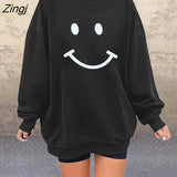 Smiley Print Sweatshirt Women Autumn Winter Oversized American Style Sweatshirts Drop-shoulder Long Sleeve Tops