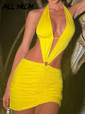 Sexy Y2K Clubwear Backless Deep V Yellow Cut Out Dresses 90s Fashion Rave Ruched Bandage Halter Mini Dress Party