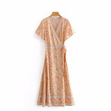 Queens Women Floral Print Cross V-neck Beach Bohemian Maxi Dress Ladies Ruffles Boho Pleated