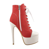 Onlymaker Women's Canvas Platform Lace Up Ankle Boots16cm High Heel Side Zipper Plus Size Fashion Sexy Stiletto
